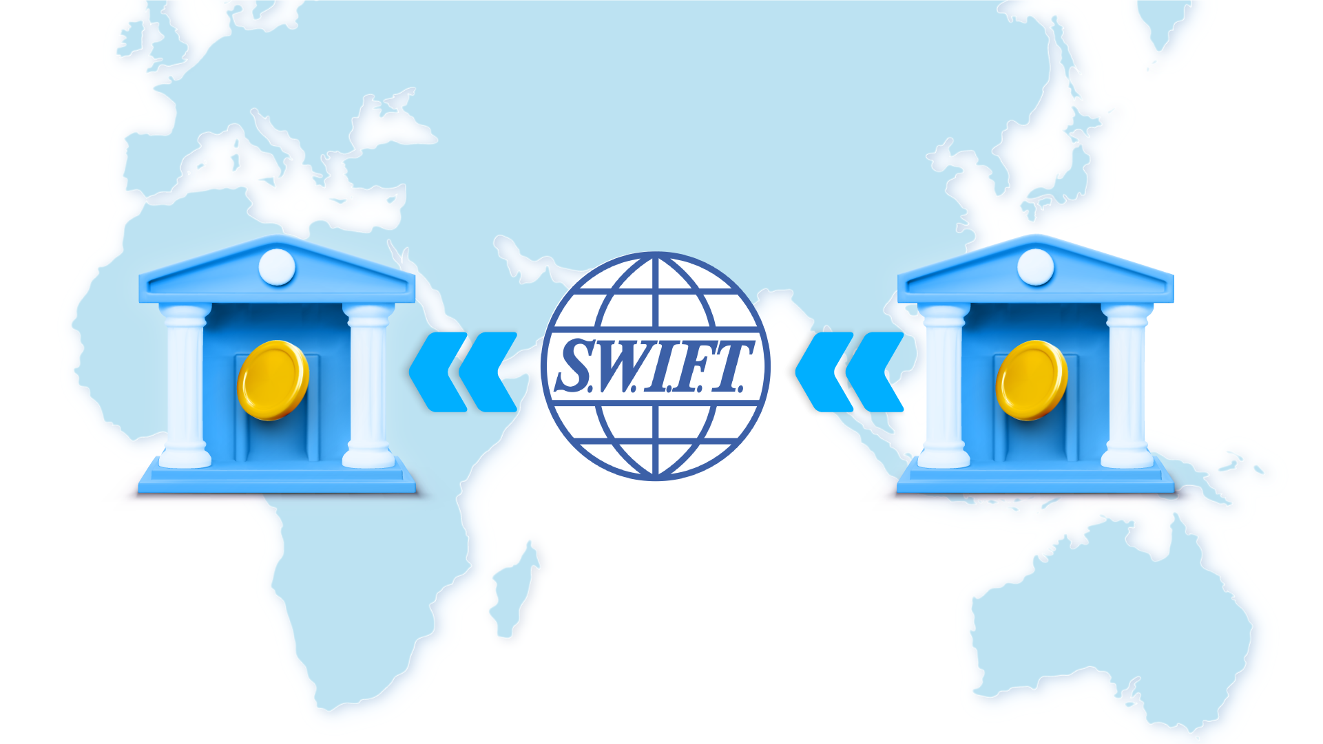 Ilustrasi 2 bank yang berada di negara berbeda terhubung melalui jaringan SWIFT untuk transaksi internasional.