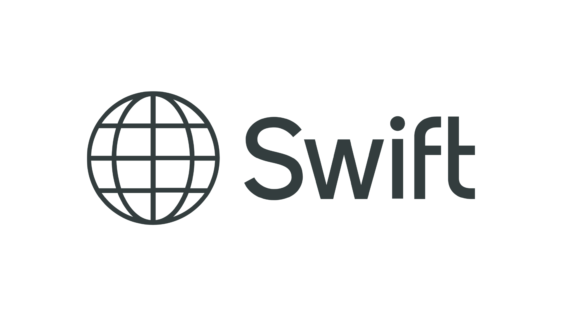 Logo SWIFT berbentuk ikon dunia dengan garis horizontal dan vertikal yang merepresentasikan jaringan perbankan internasional.