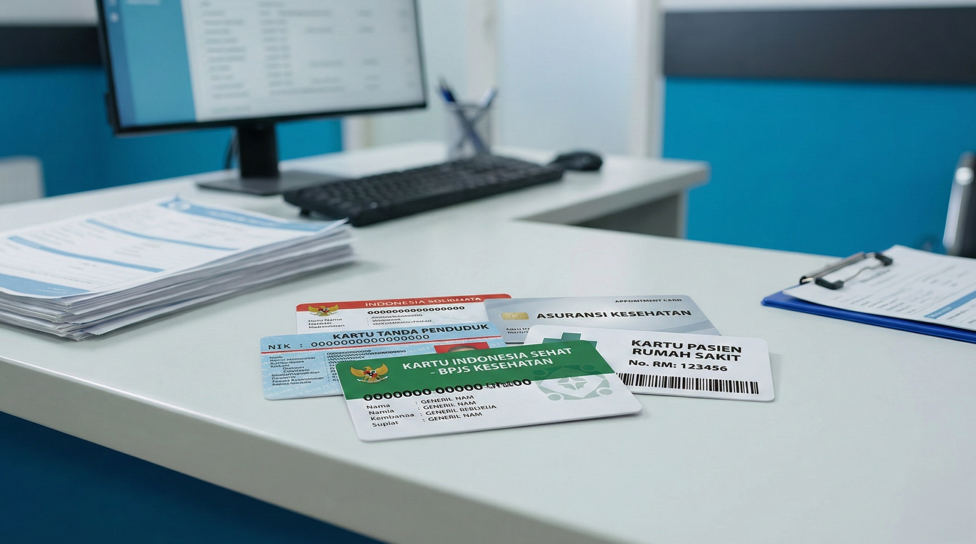 Several insurance cards and ID cards on the table
