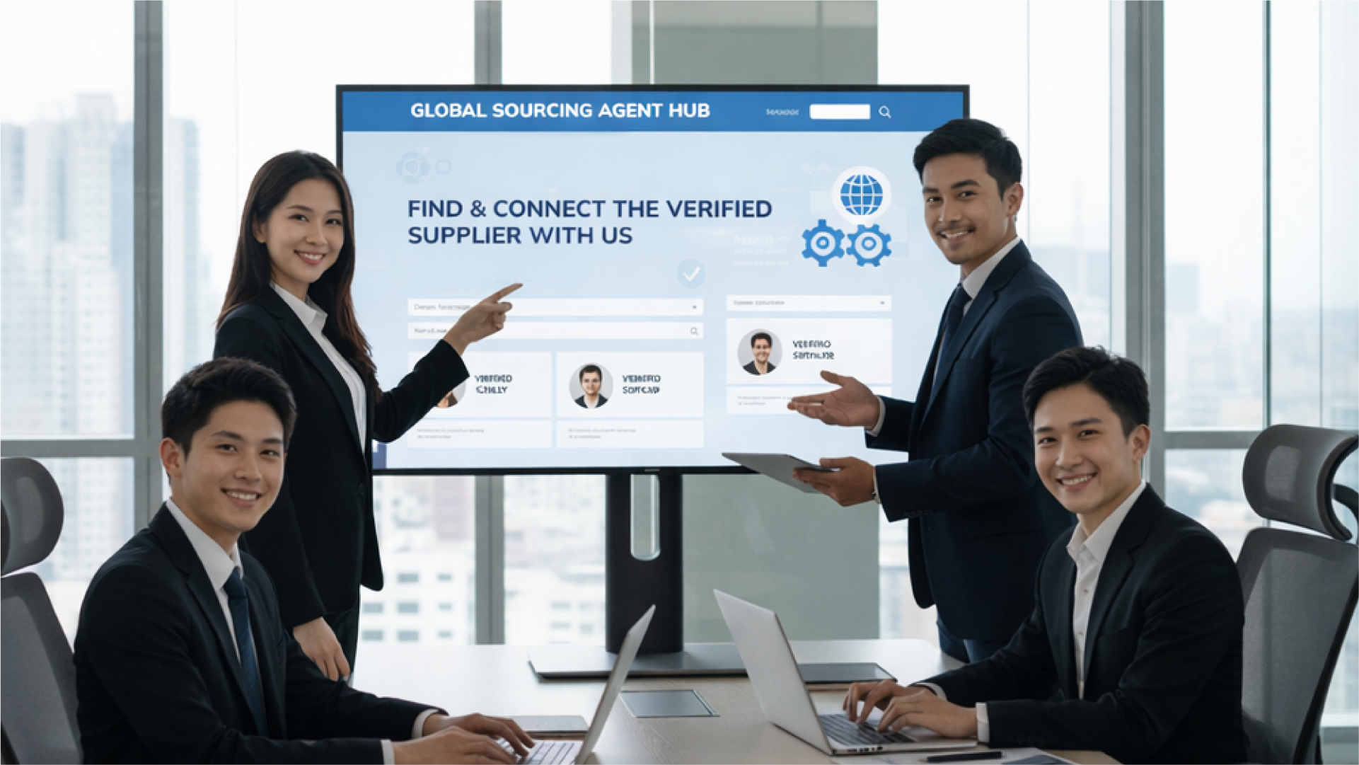 Tim bisnis mempresentasikan platform pencarian supplier global di depan layar dalam ruang meeting