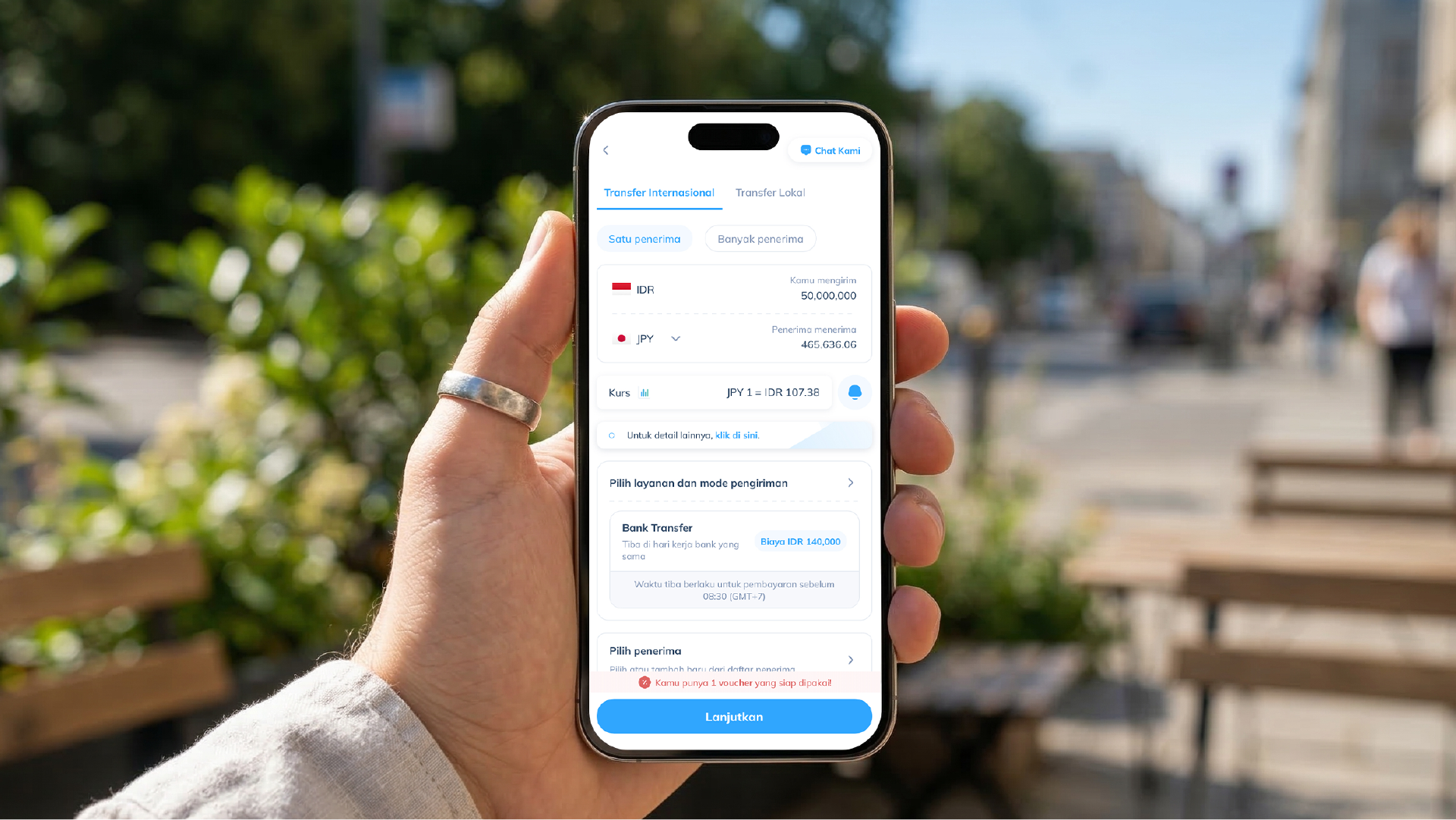 Tampilan aplikasi Topremit saat membuat transaksi remitansi ke Jepang di smartphone.
