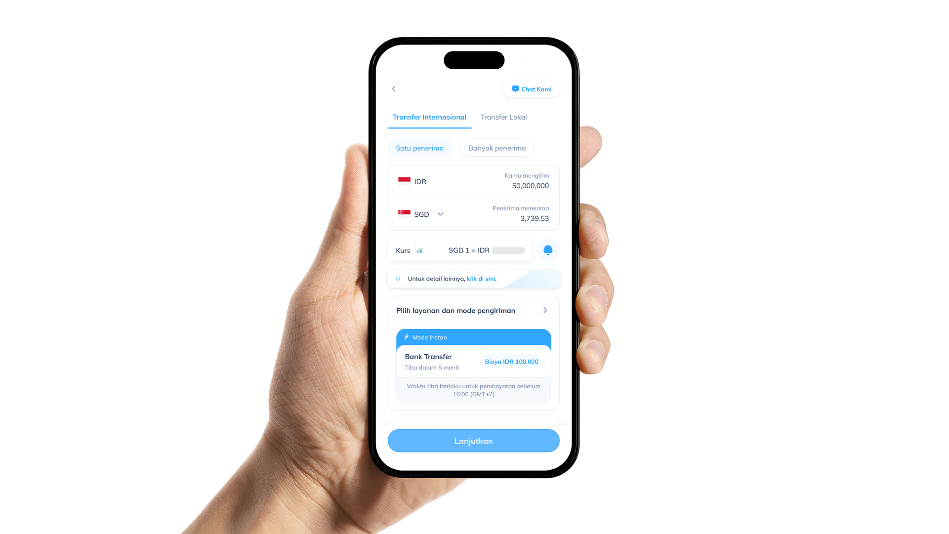 Tampilan aplikasi Topremit untuk simulasi transfer internasional dari IDR ke SGD.
