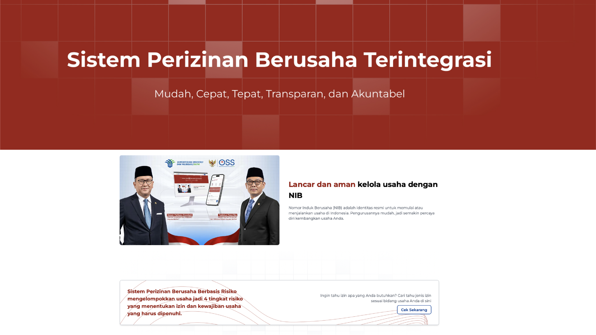 Halaman portal OSS RBA yang digunakan untuk pendaftaran izin usaha dan penerbitan Nomor Induk Berusaha (NIB).