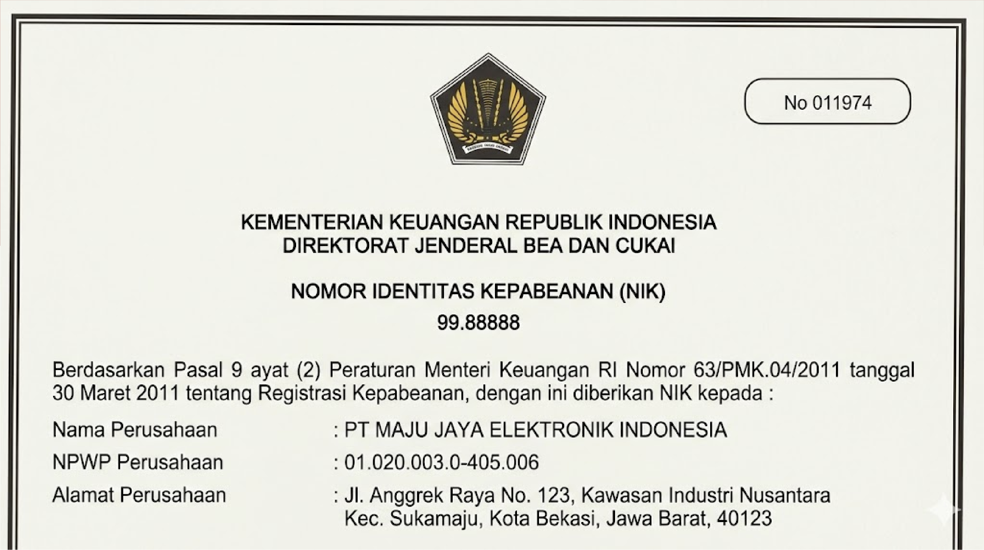 Contoh sertifikat Nomor Induk Kepabeanan (NIK) yang diterbitkan oleh Direktorat Jenderal Bea dan Cukai.