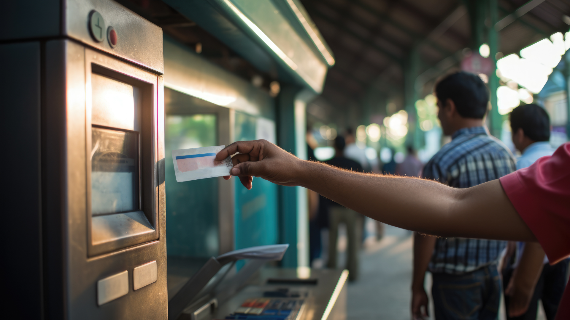 Seseorang melakukan pembayaran menggunakan kartu pada mesin elektronik, mencerminkan transaksi keuangan digital dan pengiriman uang modern.