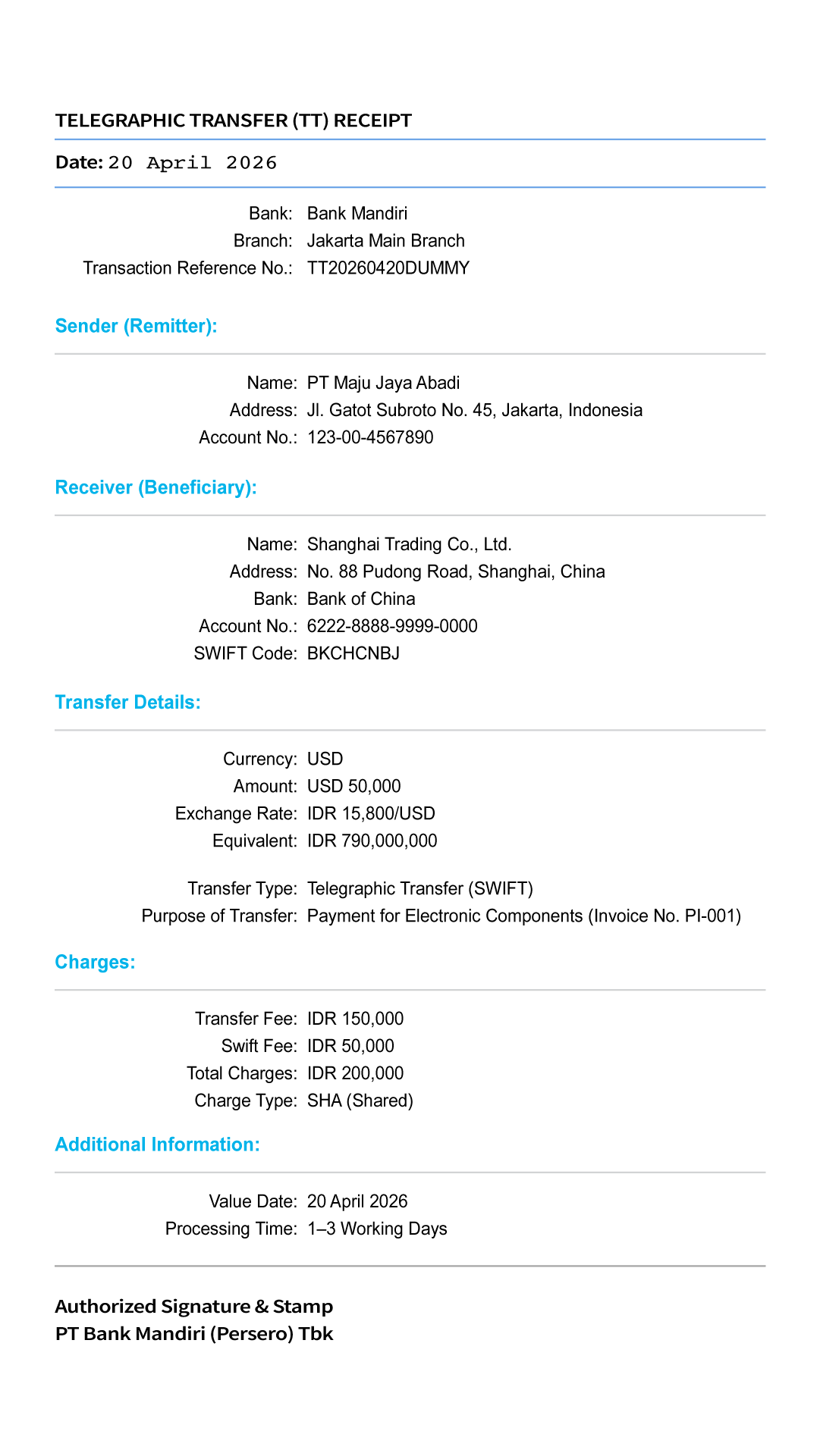 Contoh Telegraphic Transfer (TT) yang berisi informasi pengirim, penerima, detail transfer, biaya, dan kode SWIFT untuk pembayaran internasional.