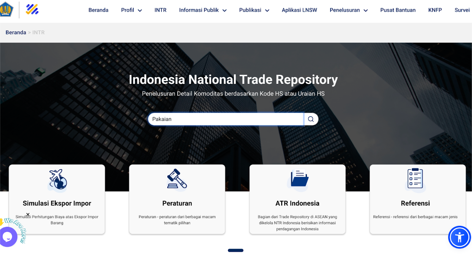 Fitur pencarian kode HS di Indonesia National Trade Repository dengan contoh pencarian produk pakaian.
