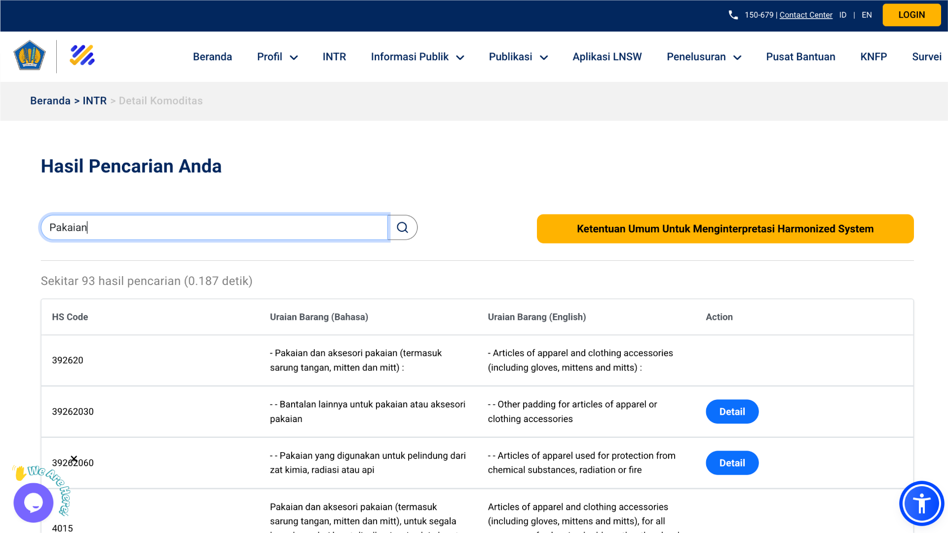 Contoh hasil pencarian HS Code untuk produk pakaian lengkap dengan deskripsi barang dan nomor klasifikasi.