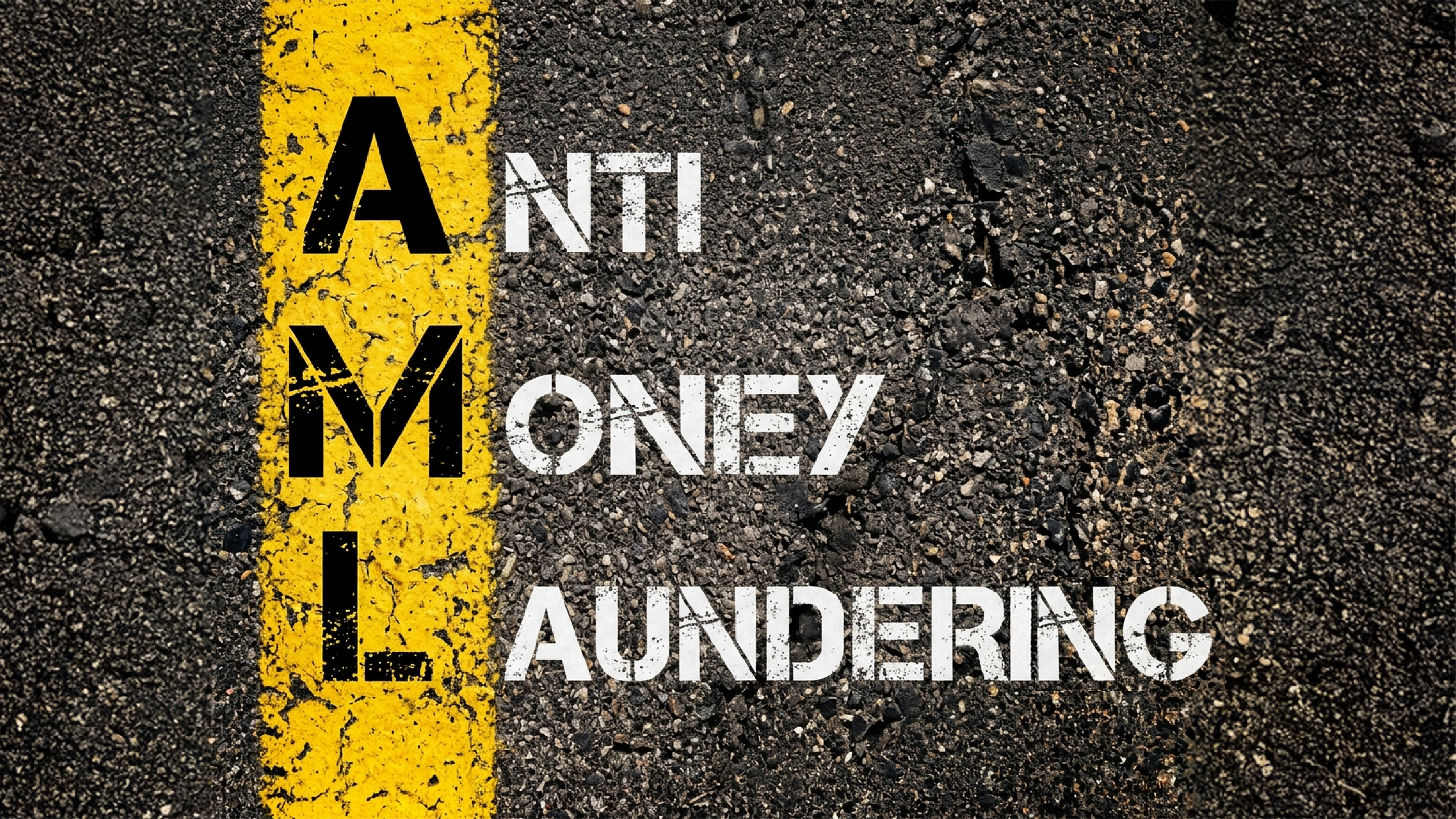 Tulisan 'Anti Money Laundering' di permukaan jalan aspal dengan garis kuning, melambangkan regulasi pencegahan pencucian uang.