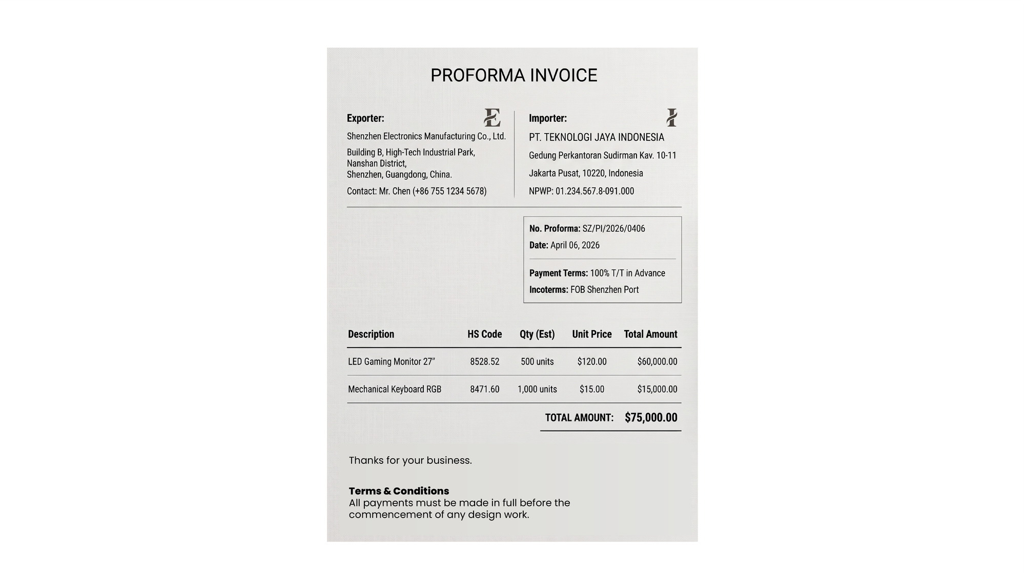 Contoh dokumen proforma invoice berisi estimasi harga, jumlah barang, dan detail transaksi sebelum pengiriman.
