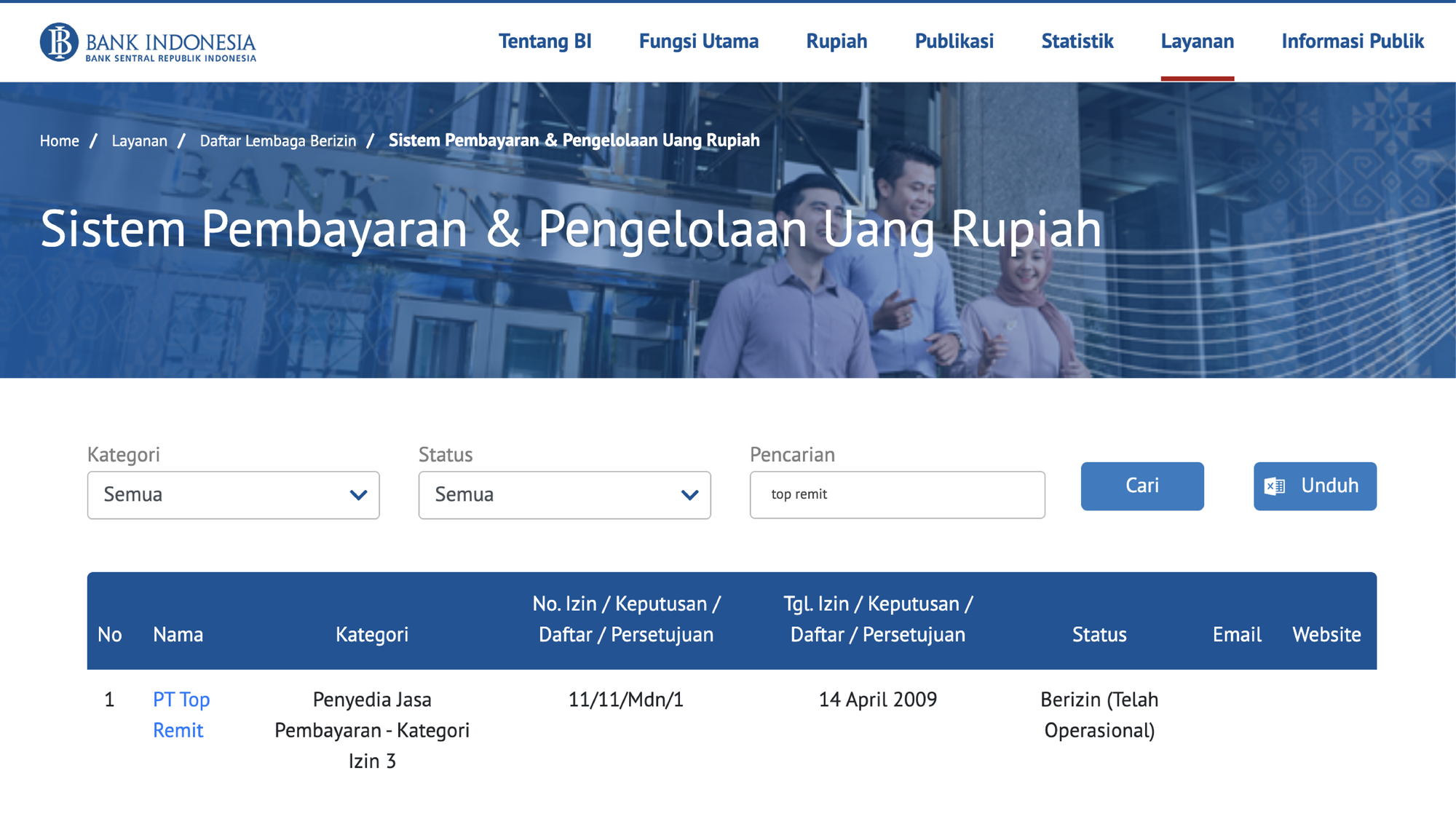 Laman website resmi Bank Indonesia yang menyediakan data penyelenggara transfer dana beserta status izin dan lisensinya.