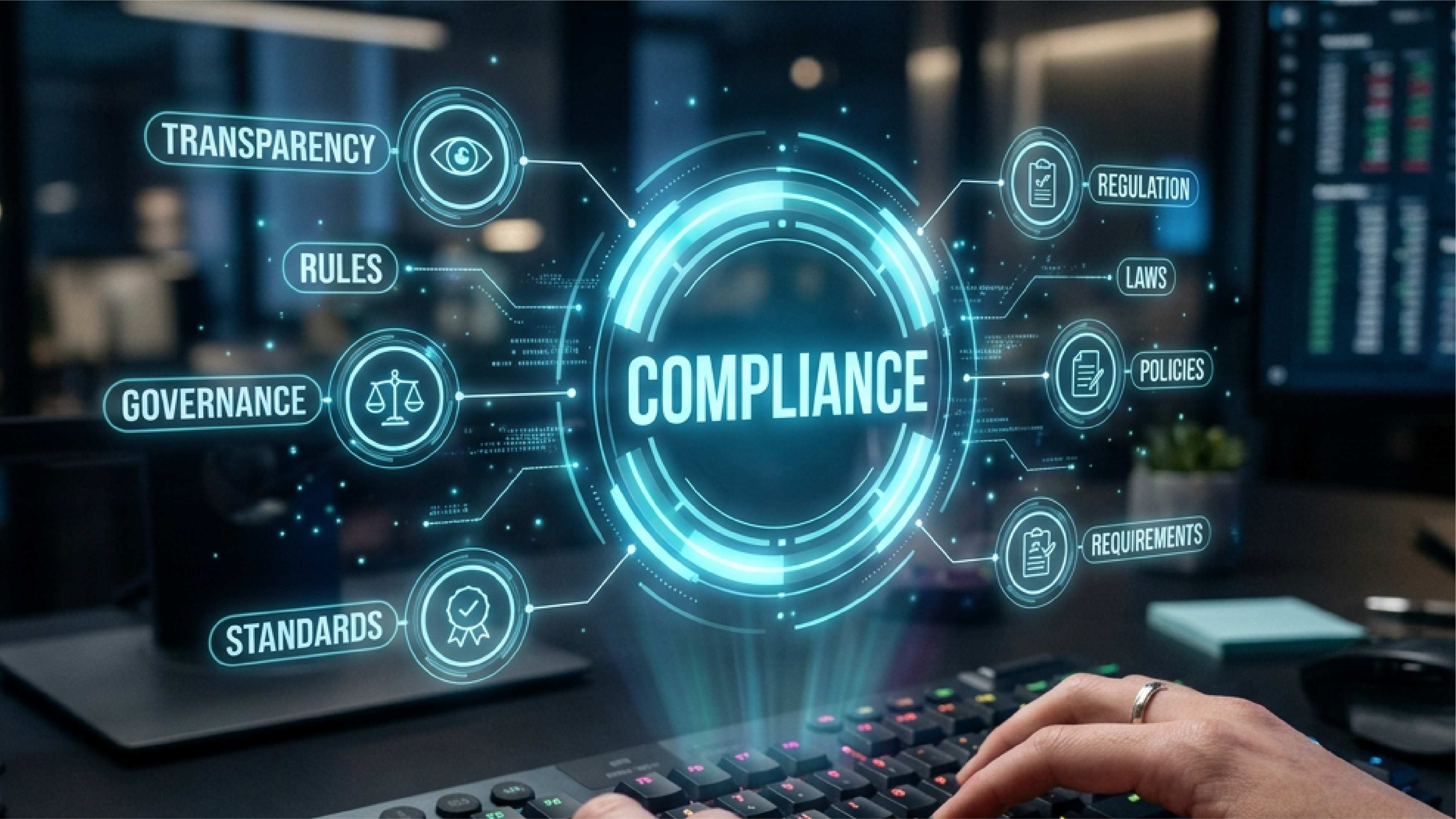 Ilustrasi sistem compliance digital dengan ikon transparansi, aturan, regulasi, hukum, kebijakan, dan standar.