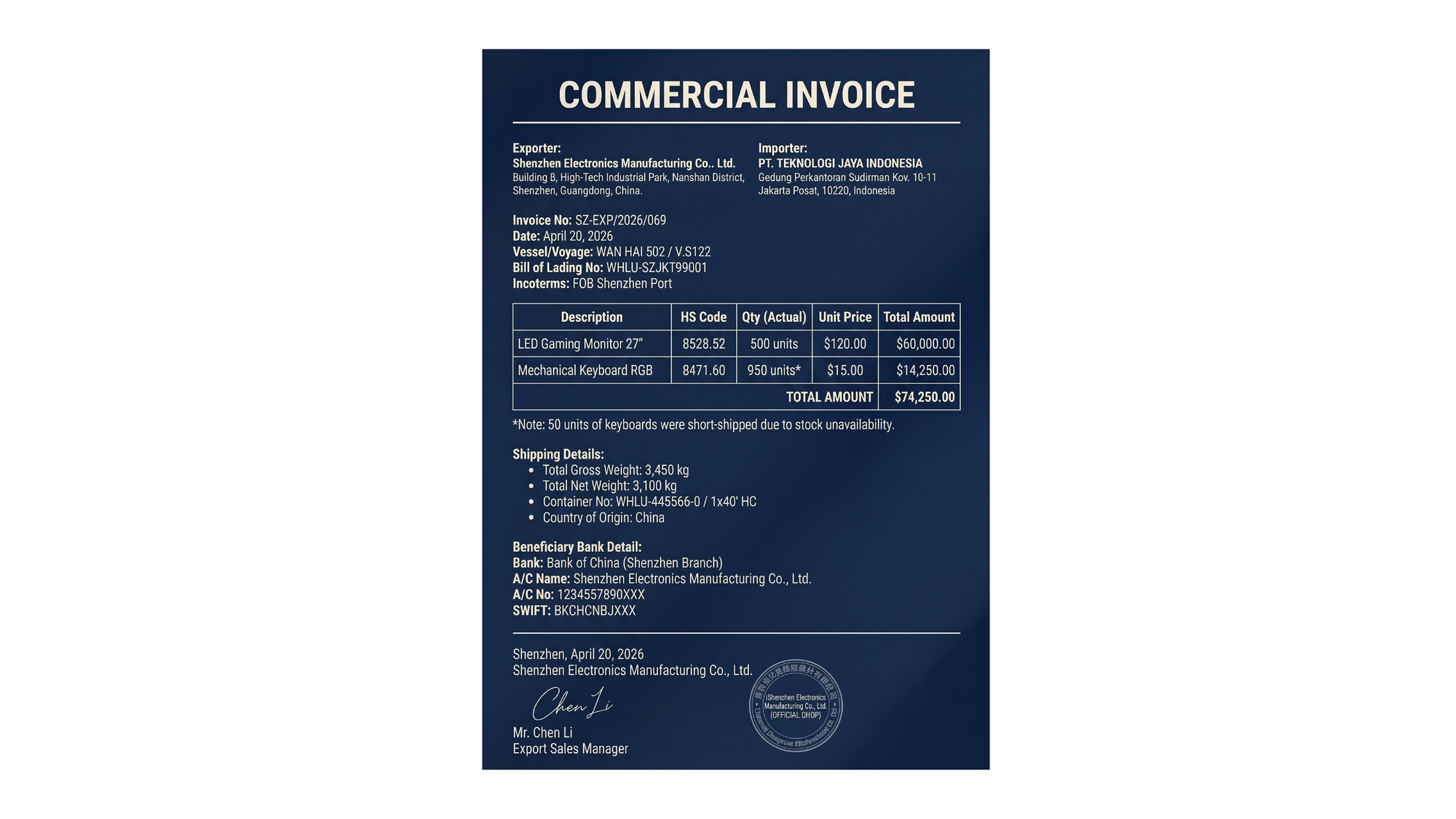 Contoh commercial invoice resmi dengan detail barang, harga final, dan informasi pengiriman untuk kebutuhan bea cukai.