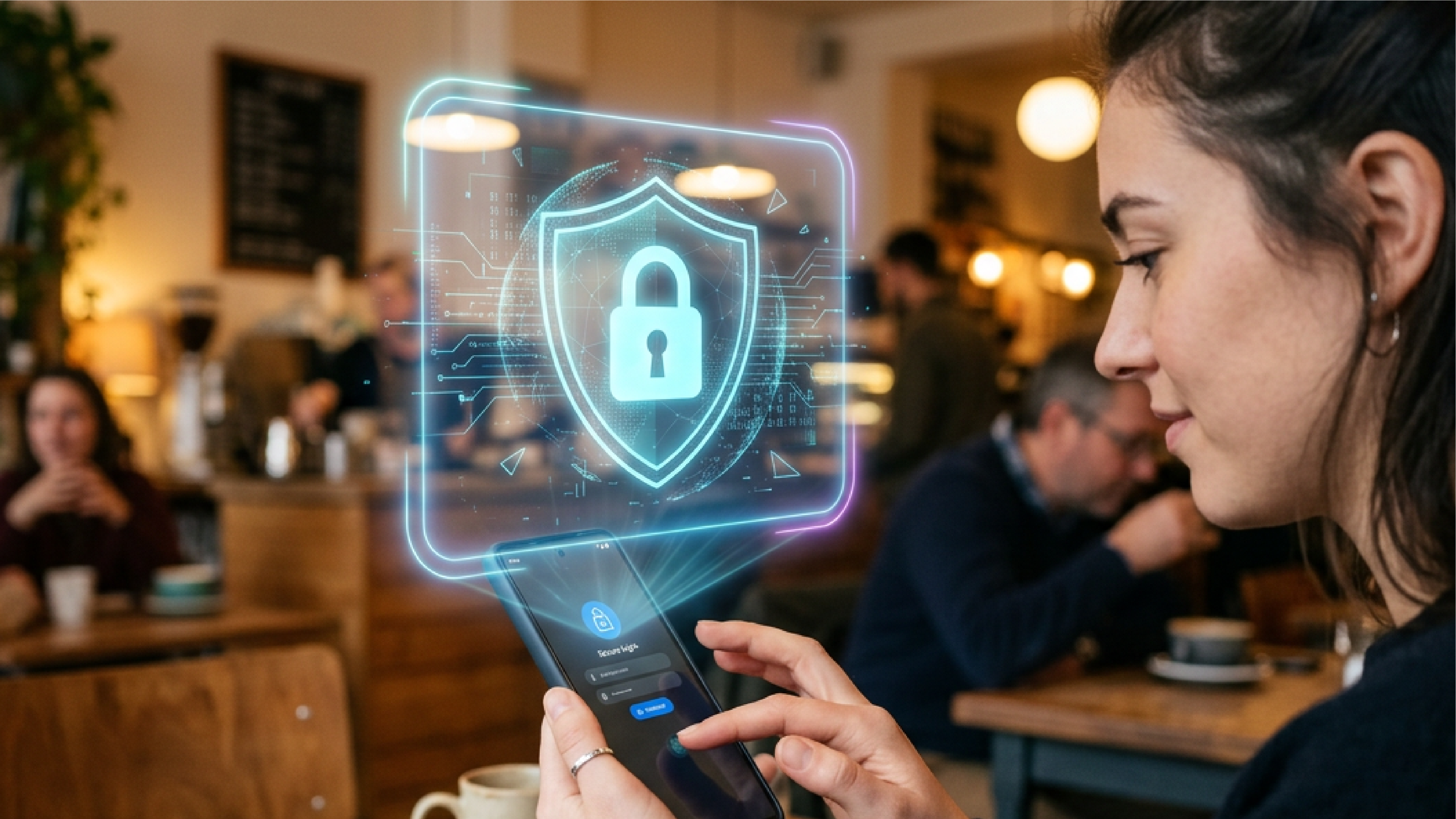 Seseorang menggunakan HP dengan hologram ikon gembok dan perisai muncul di atas layar HP, melambangkan keamanan akun dan verifikasi identitas digital.