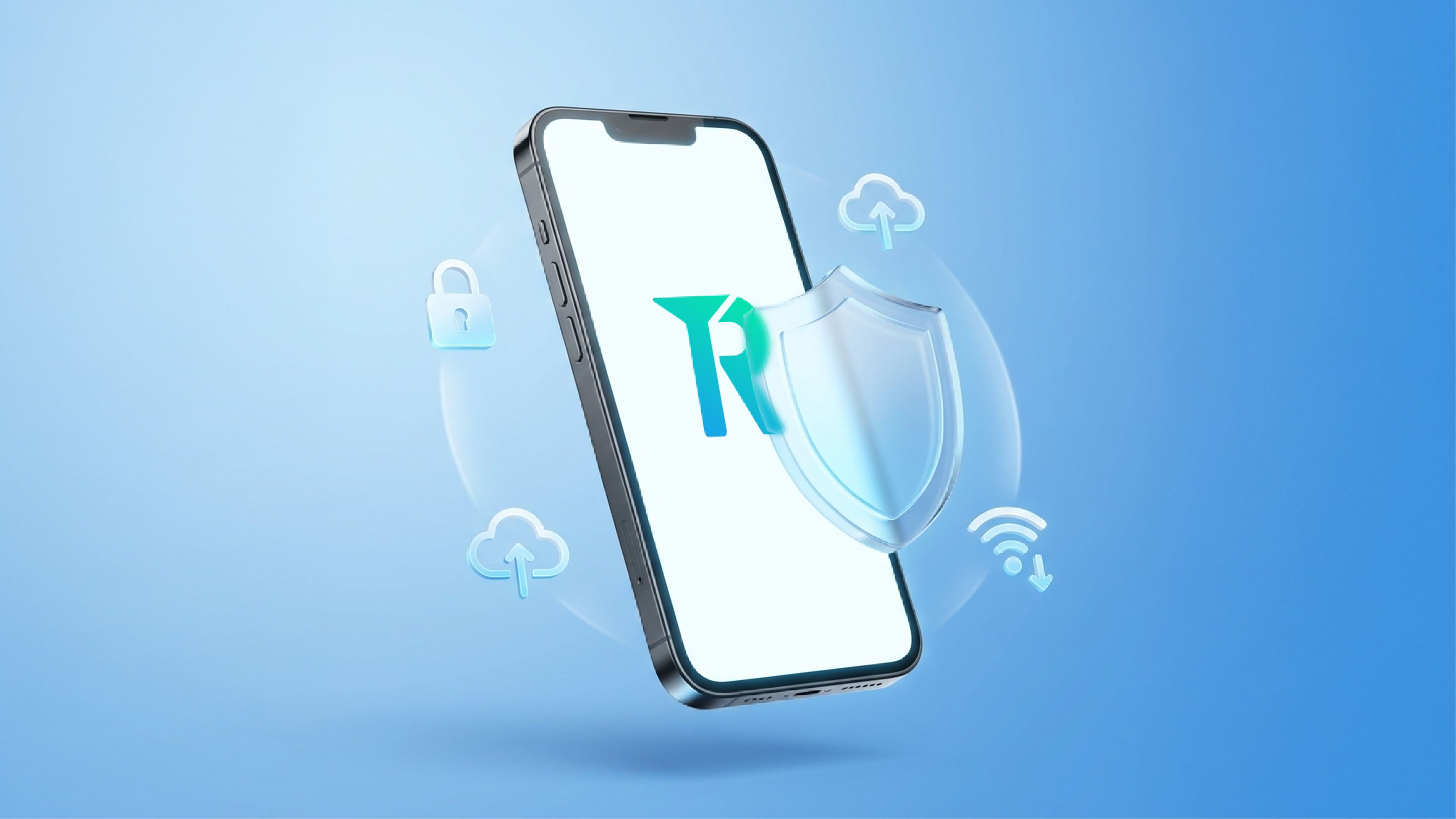 HP dengan logo aplikasi Topremit dan perisai digital di latar biru, menggambarkan perlindungan akun dan keamanan layanan remitansi Topremit.