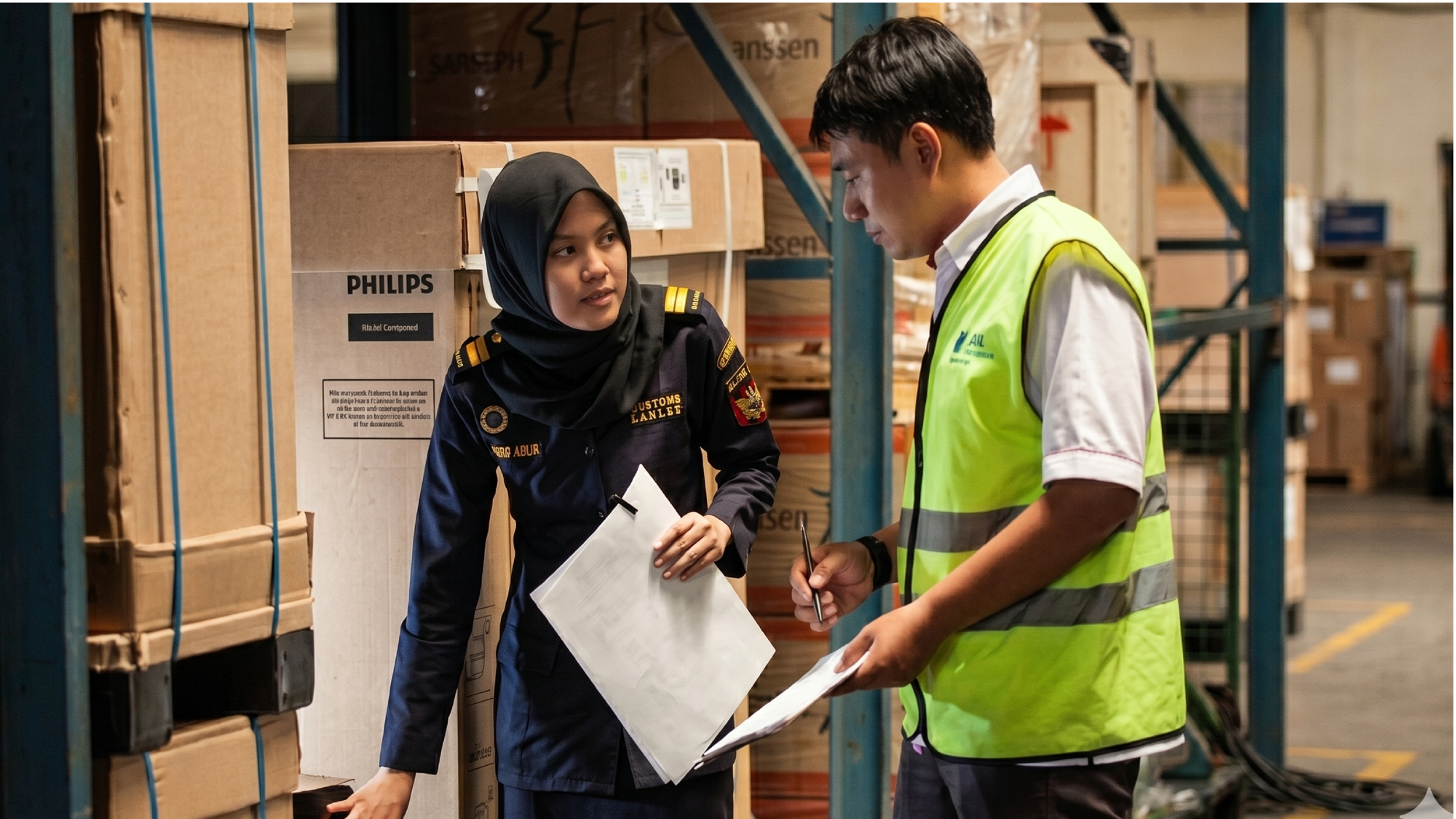 Petugas gudang dan bea cukai memeriksa dokumen pengiriman barang dalam proses ekspor impor internasional.