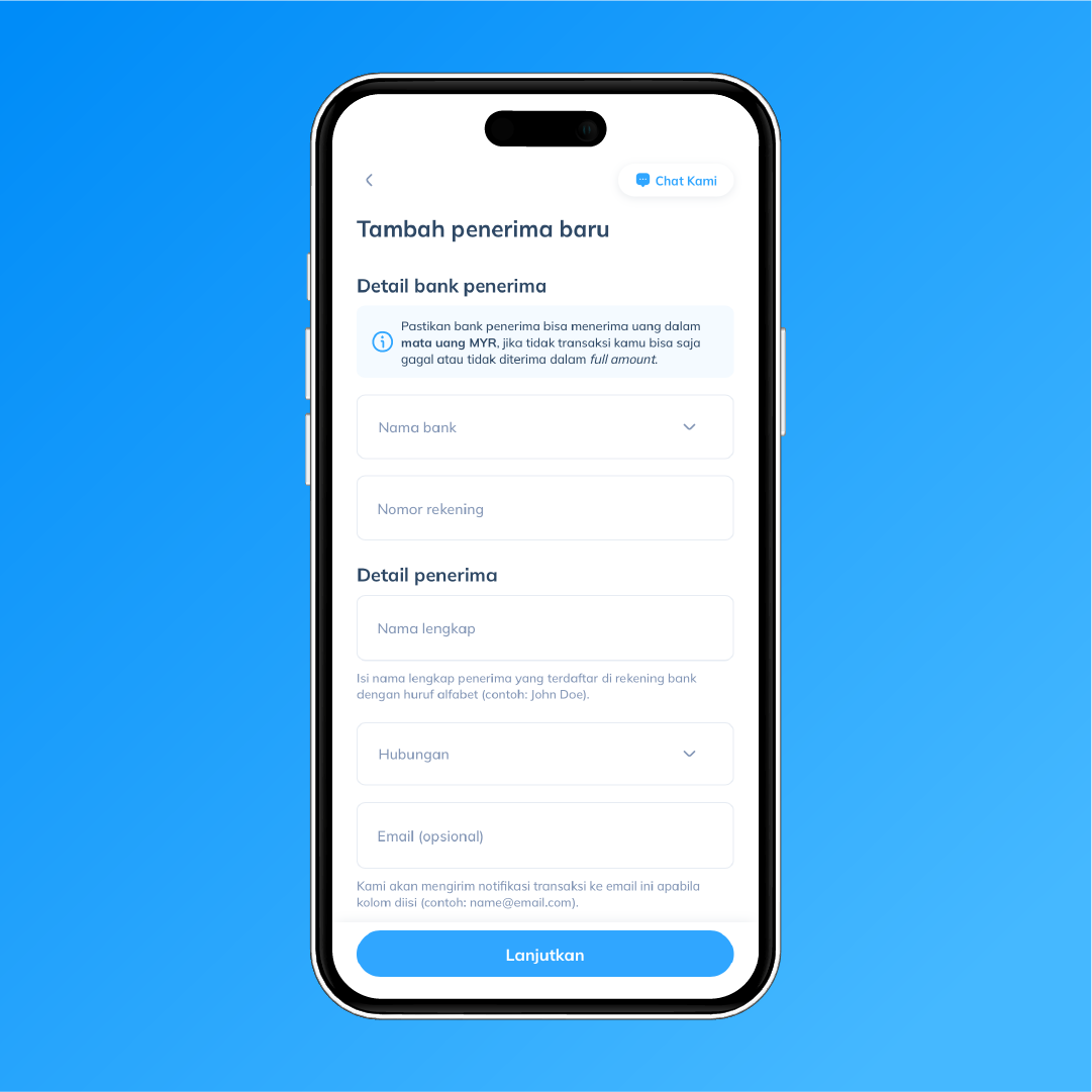 Tampilan laman 'Tambah penerima baru' di Topremit untuk mengisi detail bank dan data penerima transfer sebagai tahap ke-4 transaksi.