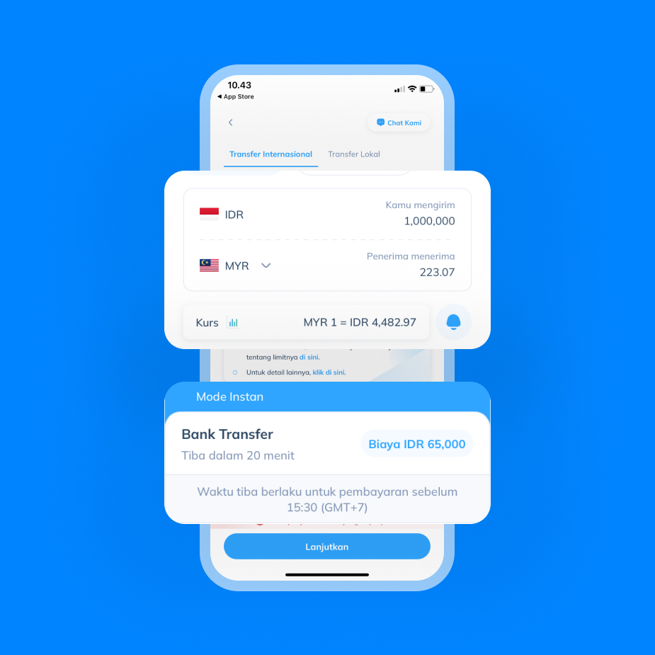 Langkah 3: Masukkan nominal transfer dari IDR ke MYR dan pilih layanan Bank Transfer Mode Instan.