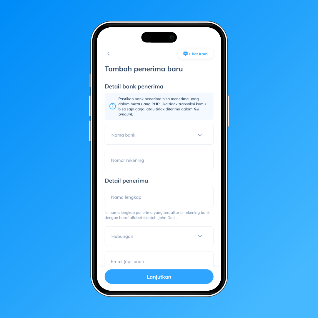 Langkah 3: Tambahkan data penerima baru dengan detail bank penerima di Filipina.