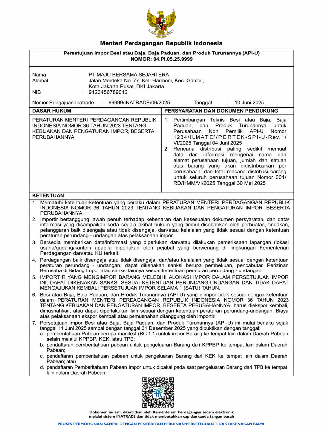 Contoh dokumen Persetujuan Impor dari Kementerian Perdagangan untuk produk besi, baja, dan turunannya sebagai salah satu izin khusus impor.