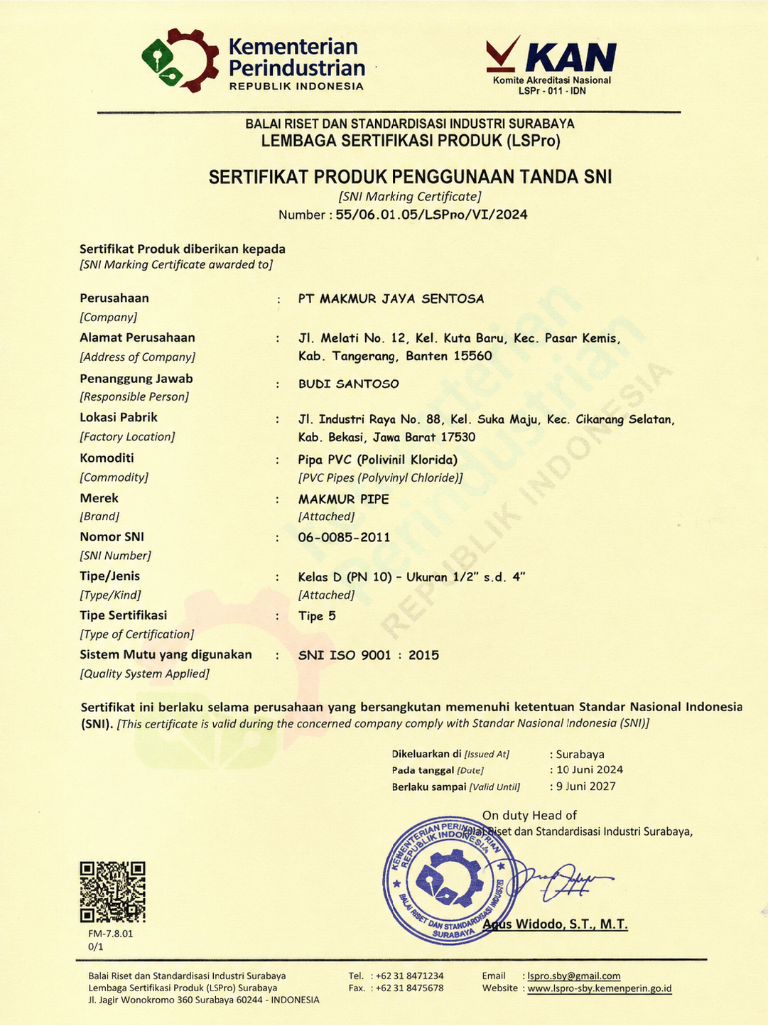Contoh Sertifikat Produk Penggunaan Tanda SNI dari Kementerian Perindustrian sebagai dokumen kelayakan standar produk impor.