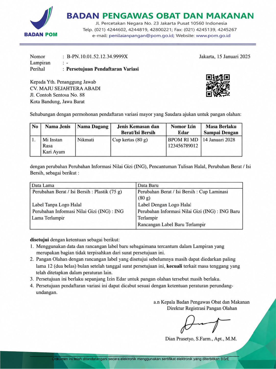 Contoh dokumen izin edar BPOM untuk produk pangan olahan yang telah melalui proses persetujuan registrasi.
