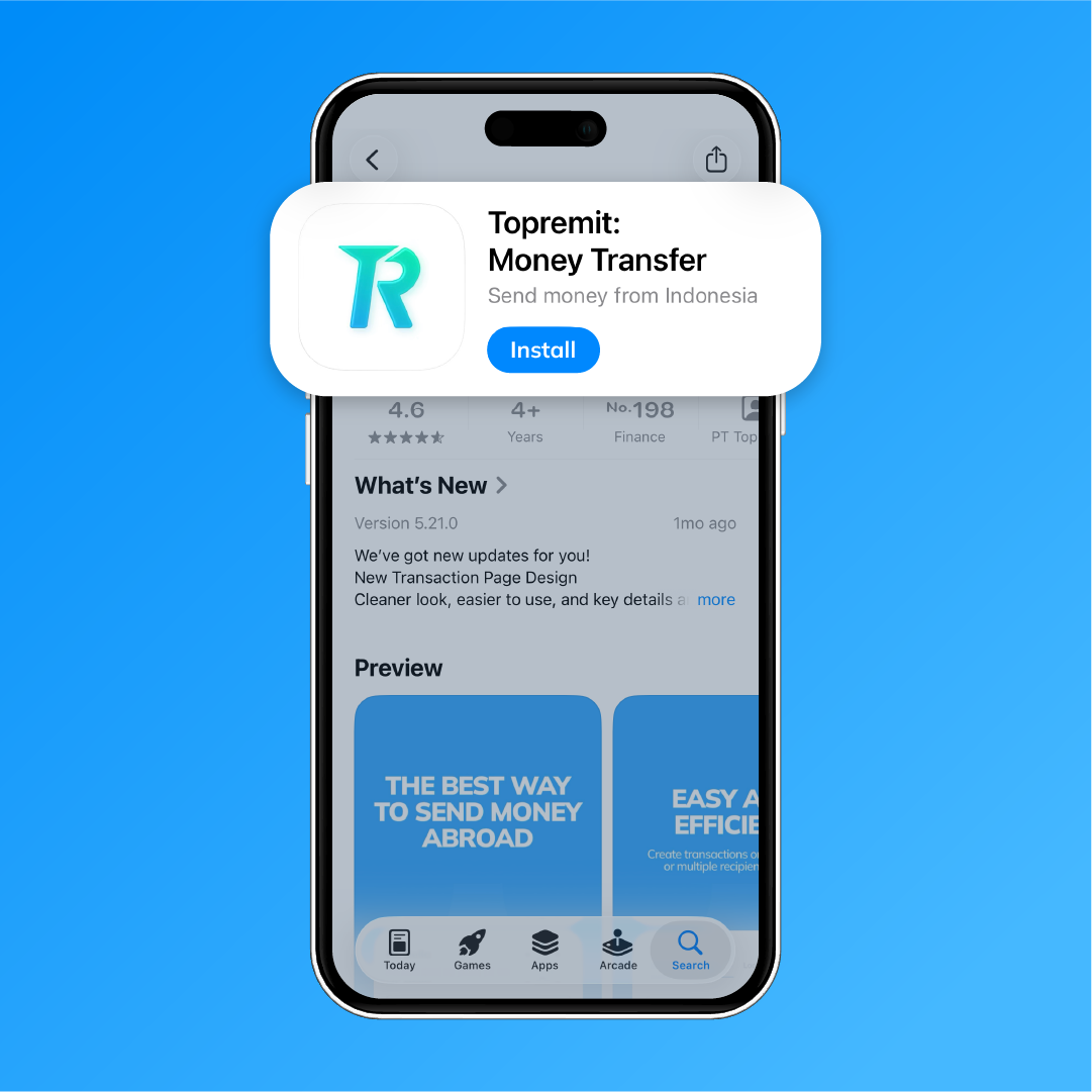 Langkah 1: Tampilan App Store untuk mengunduh aplikasi Topremit sebelum kirim uang ke Filipina untuk bisnis.