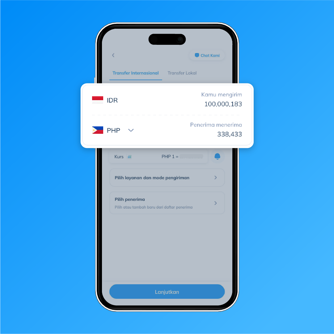 Langkah 2: Tampilan simulasi transfer IDR ke PHP di aplikasi Topremit untuk kirim uang ke Filipina.
