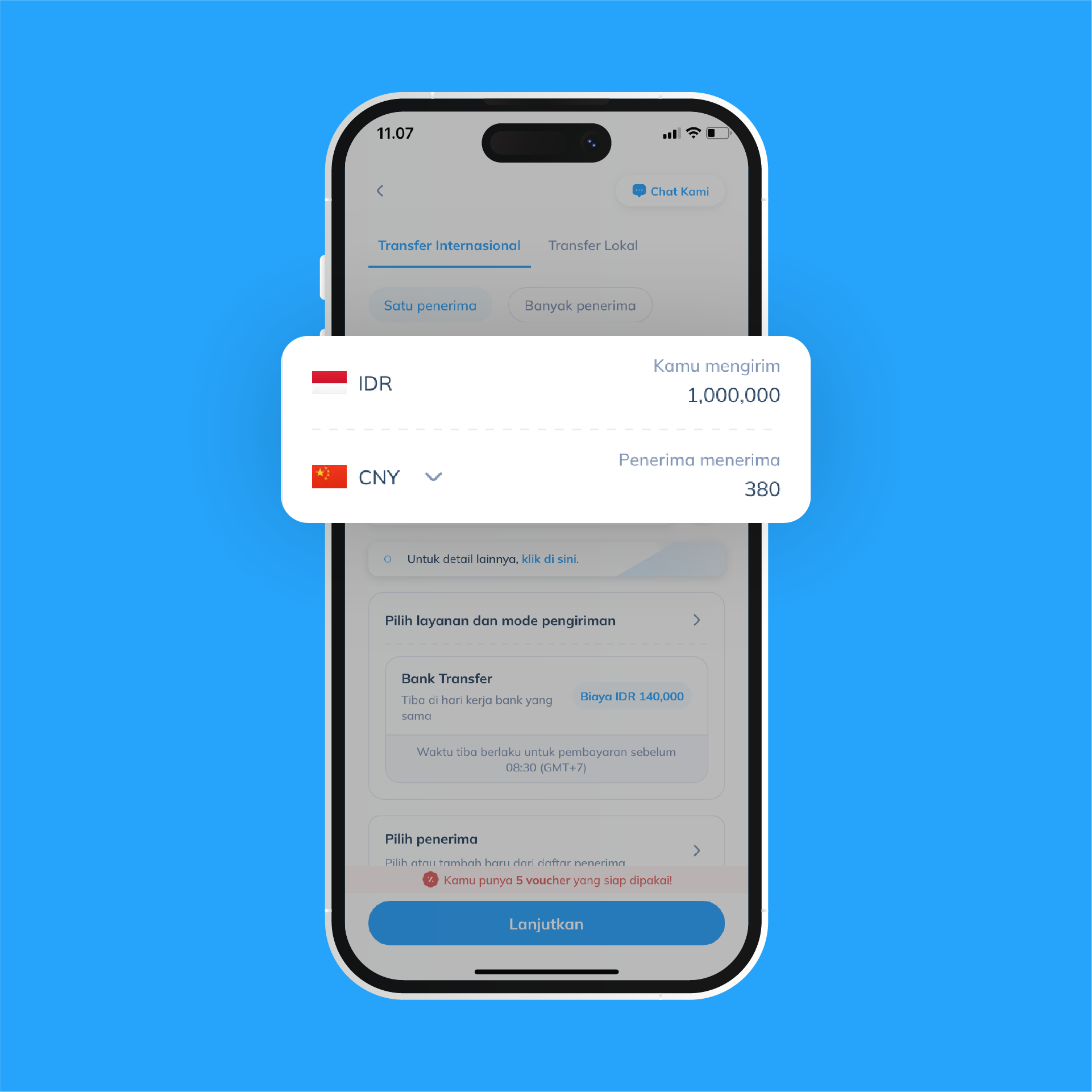 Tampilan aplikasi Topremit saat memasukkan nominal transfer dari IDR ke CNY sebagai ilustrasi langkah kedua kirim uang ke China secara online.