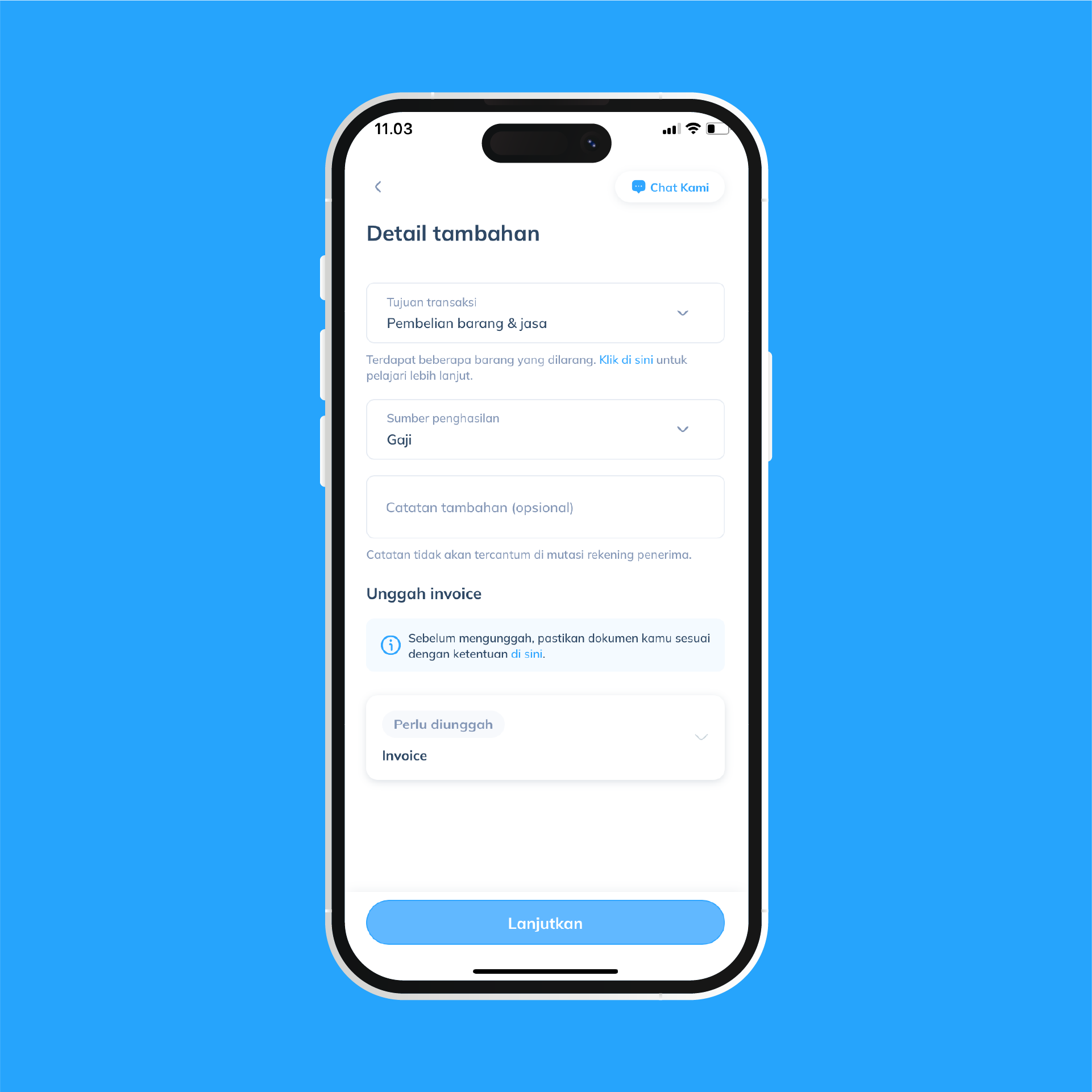 Tampilan detail tambahan dan unggah invoice di aplikasi Topremit sebagai ilustrasi langkah keempat, pengisian dokumen pendukung untuk transaksi ke China.