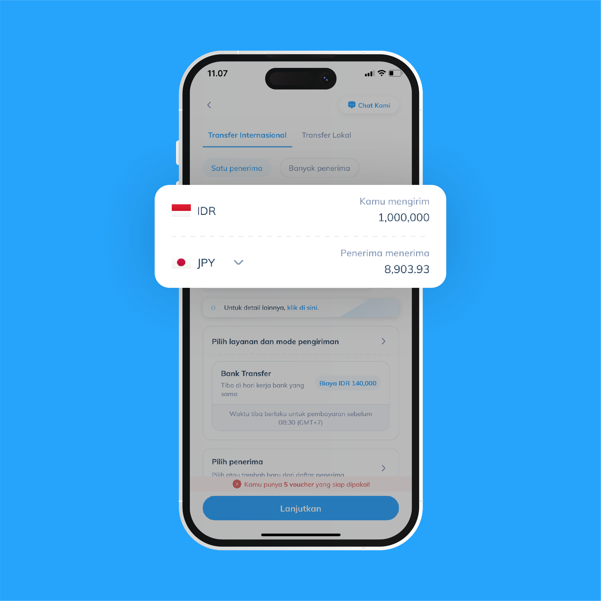 Tampilan aplikasi Topremit saat memasukkan nominal transfer dari IDR ke JPY sebagai langkah kedua untuk kirim uang ke Jepang via Topremit.