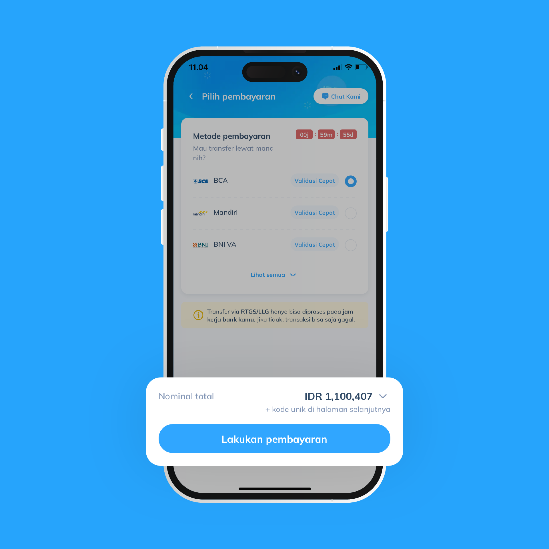 Tampilan pilihan metode pembayaran di aplikasi Topremit sebagai langkah kelima proses transaksi via Topremit..