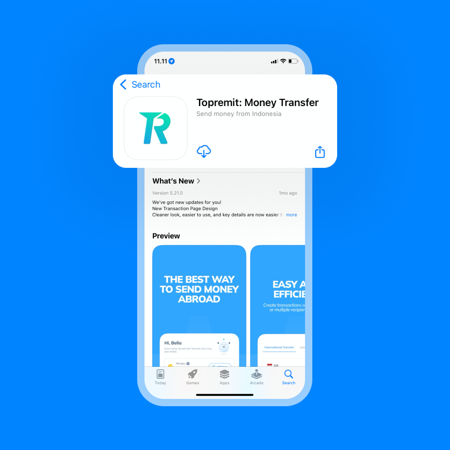 한국 송금 첫 번째 단계로 App Store에서 Topremit 앱을 다운로드하는 화면