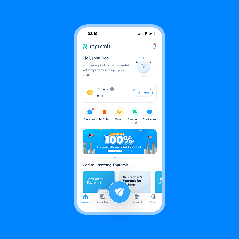 Tampilan layar langkah 2: Klik ikon pesawat kertas di halaman utama aplikasi Topremit untuk memulai transfer ke Alipay