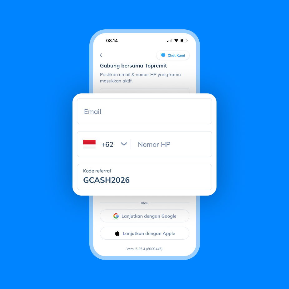Tampilan layar pendaftaran Topremit menggunakan email, nomor telepon, dan kode referral GCASH2026 sebagai langkah 2 top up GCash Filipina
