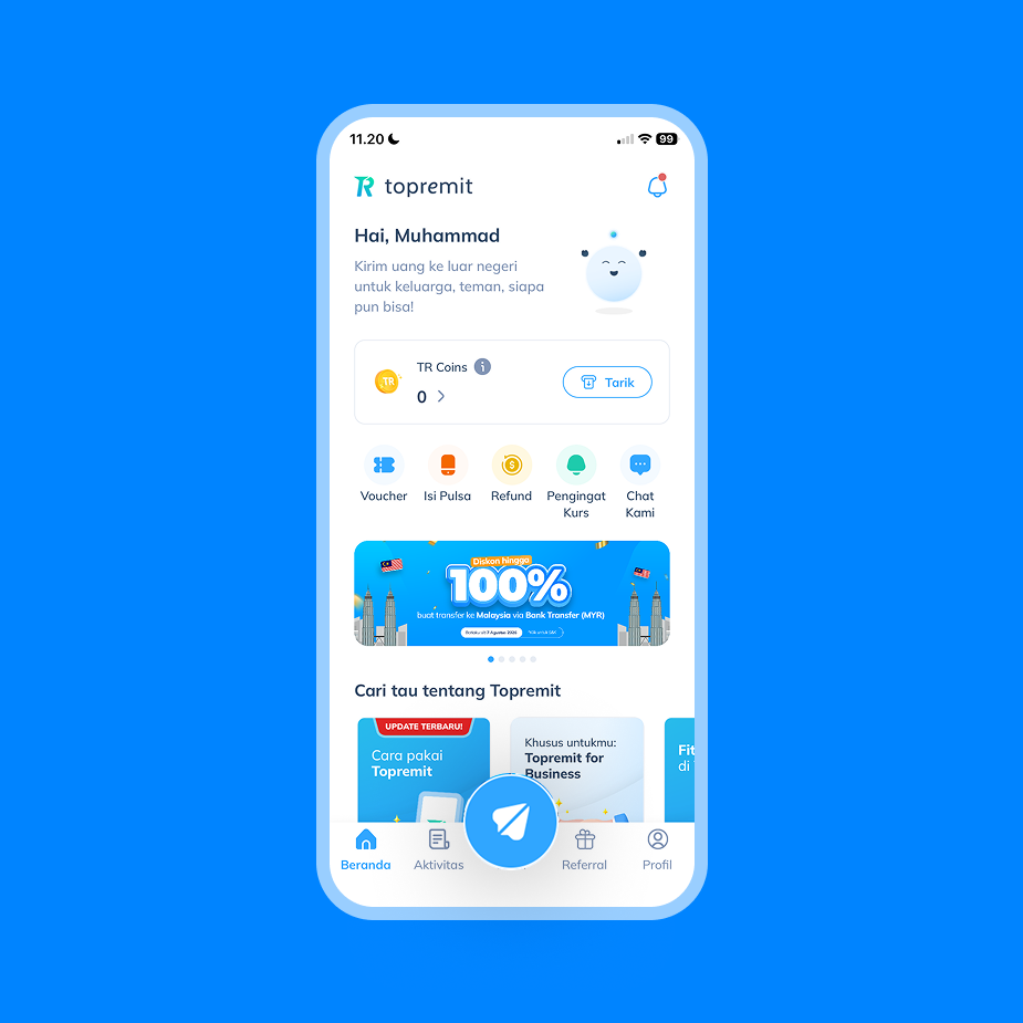 Tampilan layar halaman utama aplikasi Topremit sebagai langkah kedua untuk memilih menu Kirim dan memulai transfer ke luar negeri.