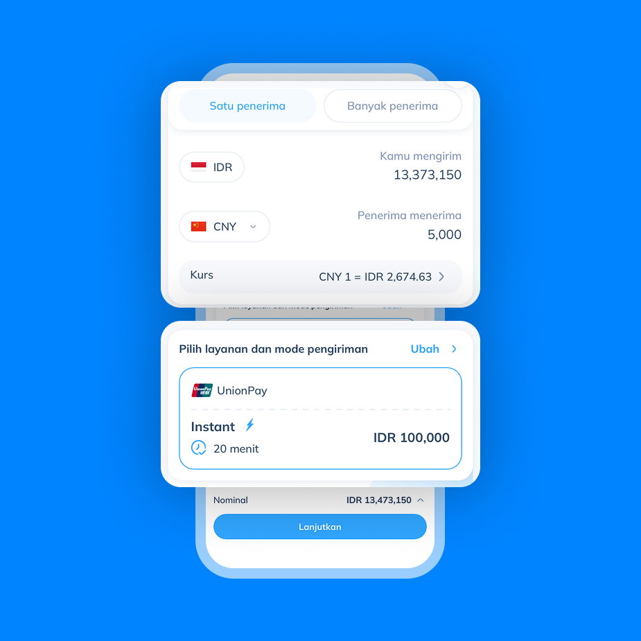 Tampilan layar pilihan layanan UnionPay sebagai langkah ketiga untuk menentukan nominal pengiriman, biaya IDR 100.000, dan estimasi tiba 20 menit.