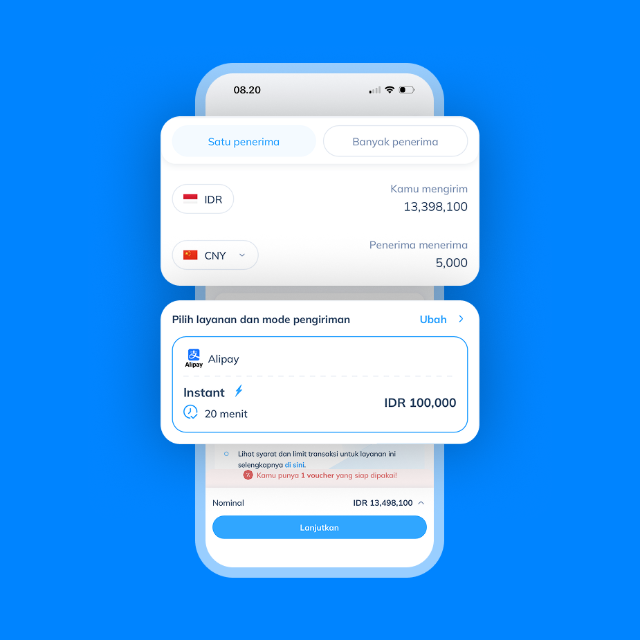 Tampilan layar langkah 3: Pilih mata uang CNY, masukkan nominal transfer, dan pilih layanan Alipay di aplikasi Topremit