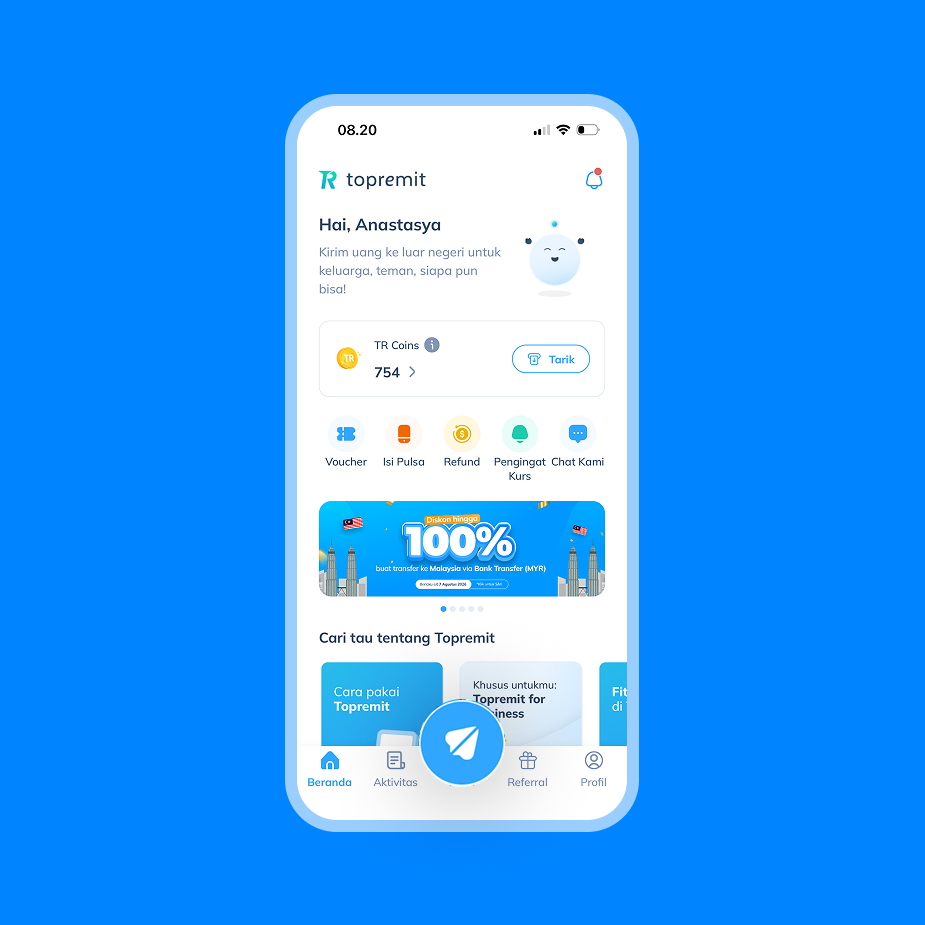 Tampilan layar utama aplikasi Topremit dengan tombol Kirim sebagai langkah 4 top up GCash Filipina