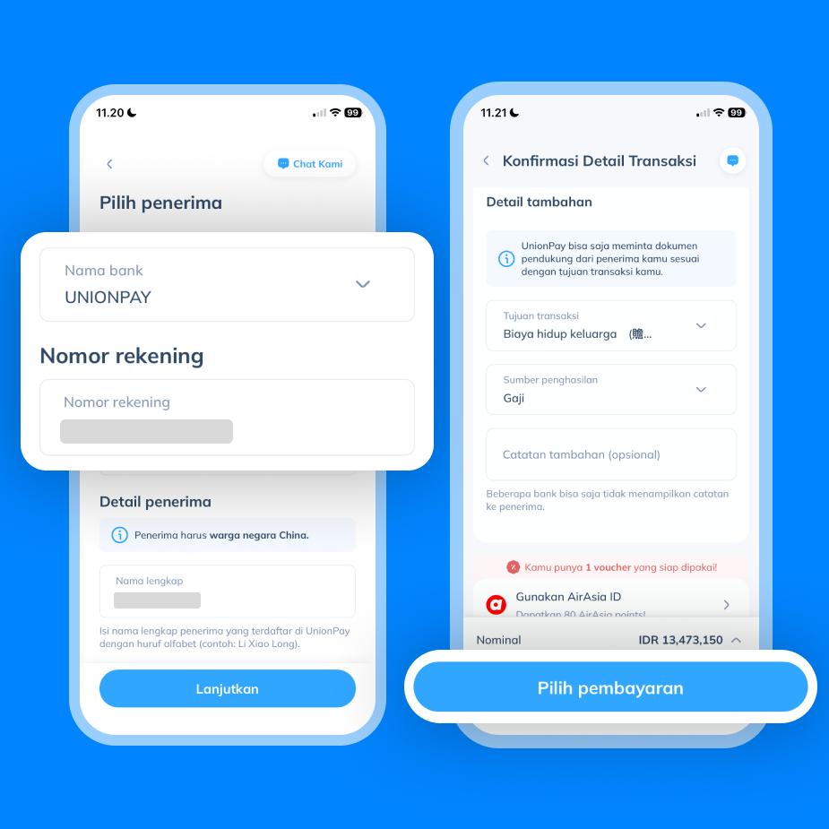 Tampilan layar pengisian data penerima dan konfirmasi detail transaksi sebagai langkah keempat untuk mengirim uang ke rekening yang terhubung dengan UnionPay.