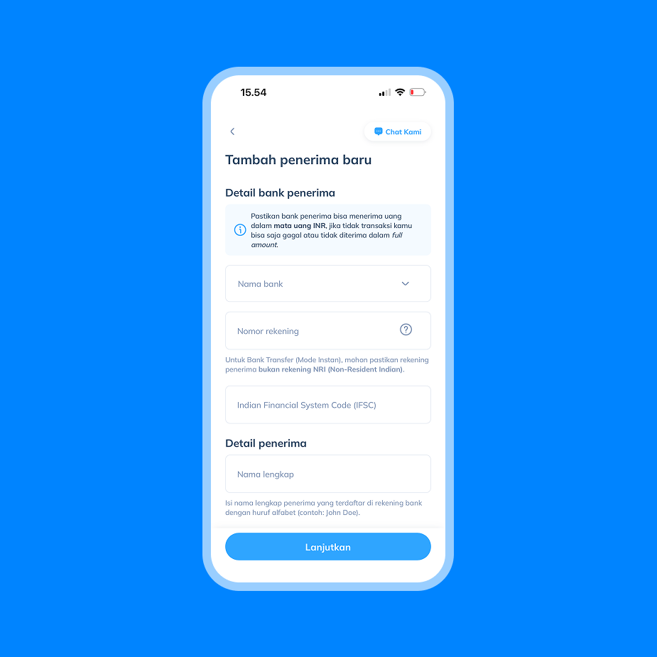 Langkah ketiga mengisi data rekening dan detail penerima India di aplikasi Topremit