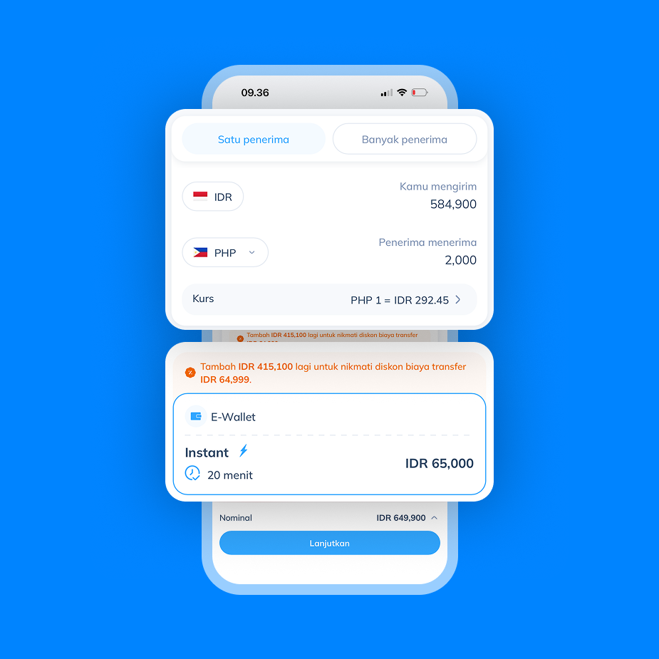 Tampilan layar pengaturan transfer dari rupiah ke peso Filipina melalui e-wallet dengan biaya IDR 65,000 sebagai langkah 5 top up GCash Filipina
