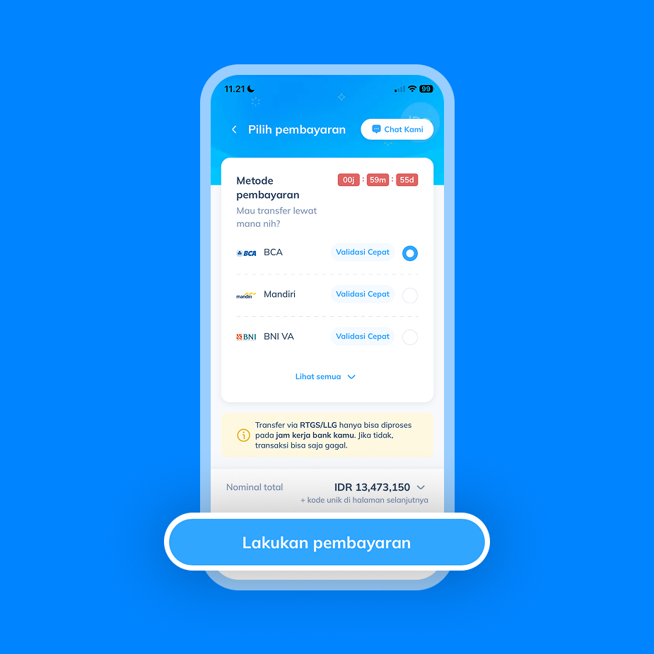 Tampilan layar pilihan metode pembayaran bank sebagai langkah kelima untuk menyelesaikan transaksi UnionPay melalui aplikasi Topremit.