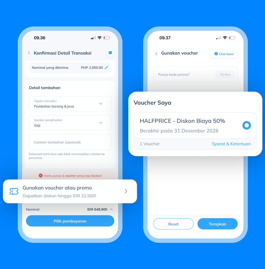 Tampilan layar pemilihan voucher HALFPRICE untuk mendapatkan diskon biaya transfer sebagai langkah 7 top up GCash melalui Topremit