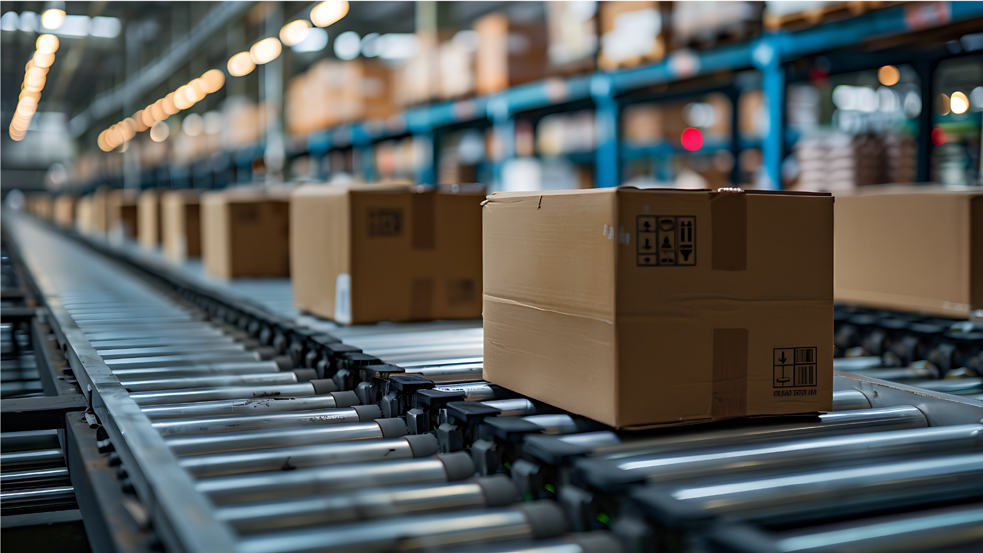 Paket barang di conveyor gudang logistik yang menggambarkan proses pengiriman barang impor sebelum masuk ke tahap bea cukai.