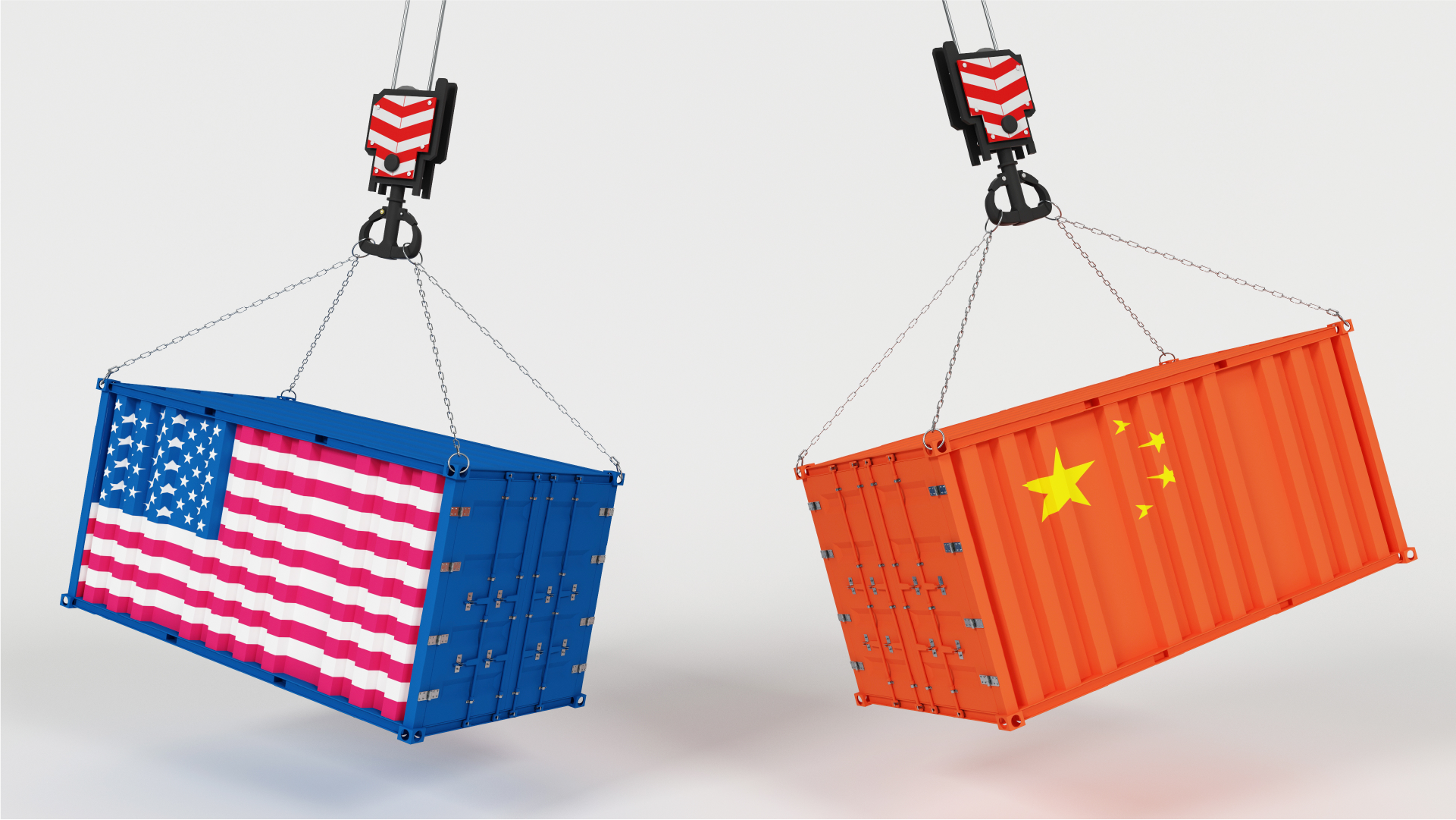 Ilustrasi kargo dengan bendera Amerika Serikat di kiri dan bendera China di kanan sebagai simbol transaksi dolar ke China.