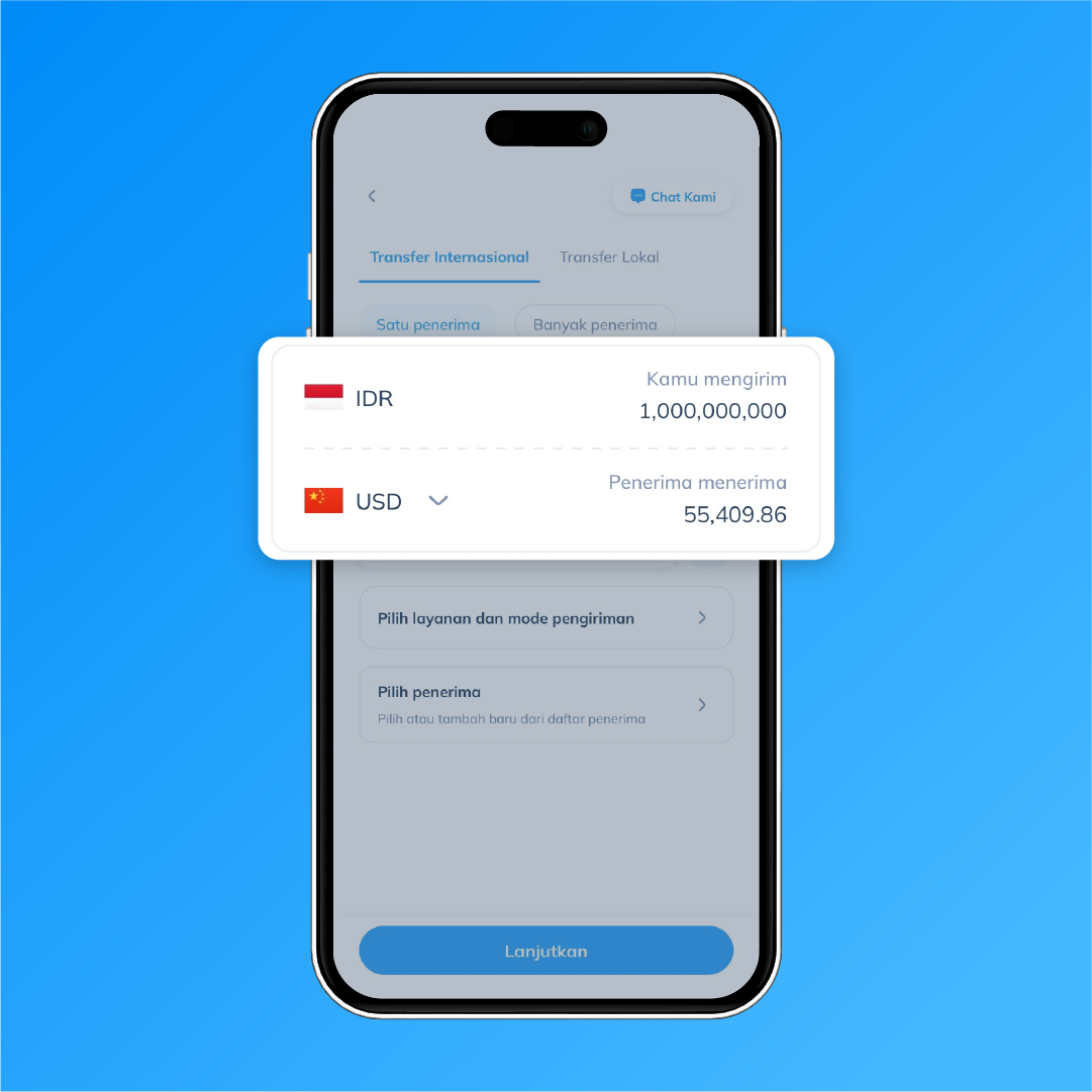 Tampilan aplikasi langkah kedua, memilih 'China; dan mata uang 'USD' sebagai tujuan transfer di aplikasi Topremit