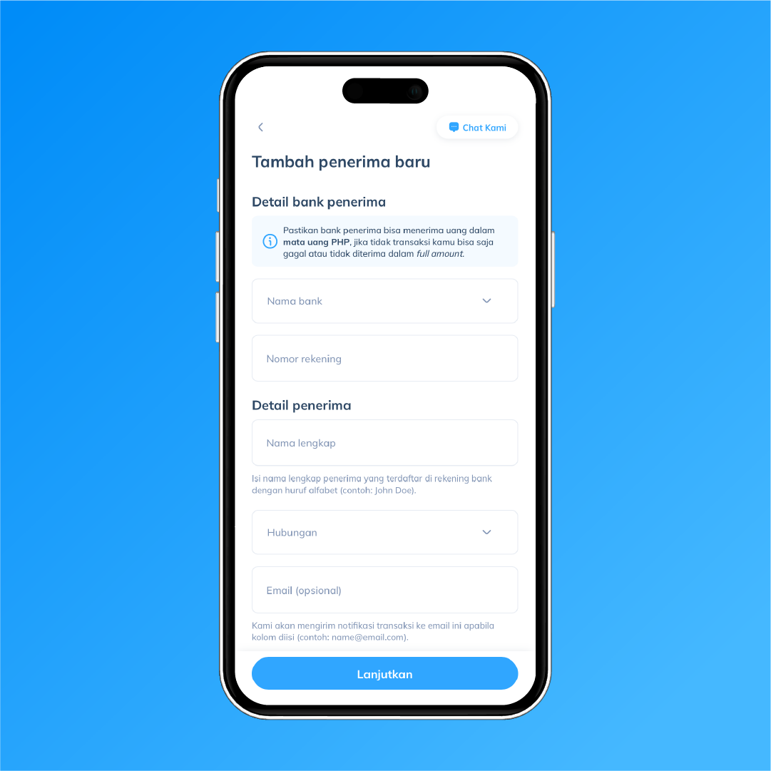 Langkah 4: Tampilan aplikasi Topremit lengkapi data bank dan identitas penerima sesuai informasi yang terdaftar pada rekening tujuan.