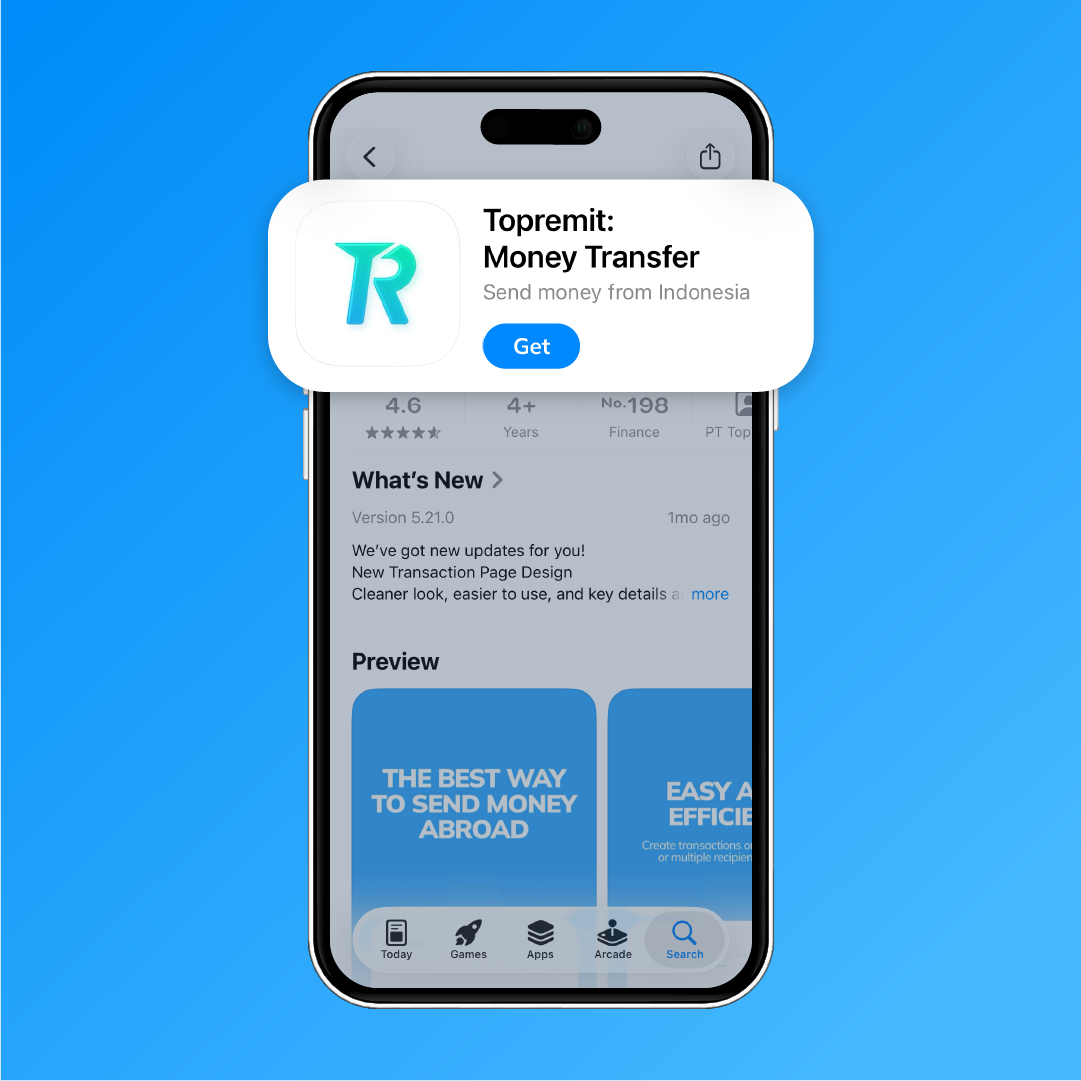 Tampilan halaman aplikasi Topremit di App Store untuk mengunduh aplikasi sebagai langkah pertama