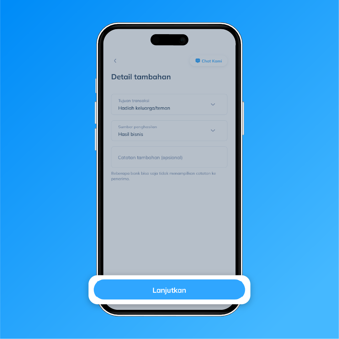 Tampilan halaman Topremit di bagian detail tambahan untuk mengisi tujuan transaksi, sumber penghasilan, dan catatan tambahan sebagai langkah keempat